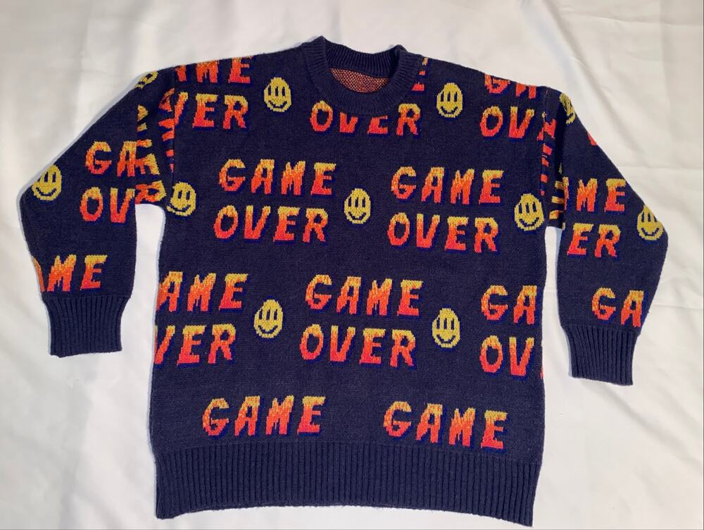 Game Over Smiley Face Allover Knit Sweater Navy Y2K Streetwear Unisex
